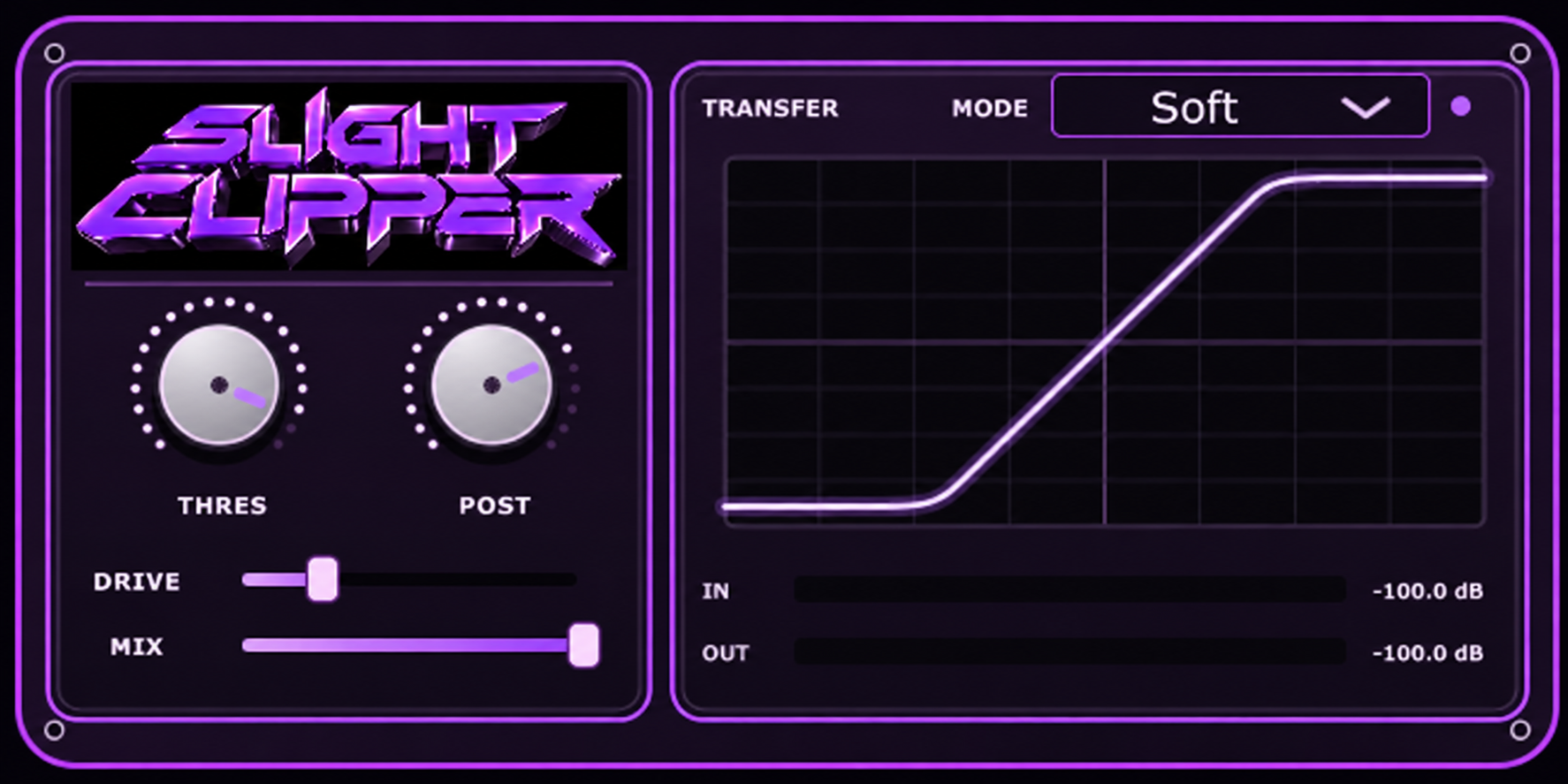 Slight Clipper audio plugin interface showing threshold, post level, and a soft clipping curve