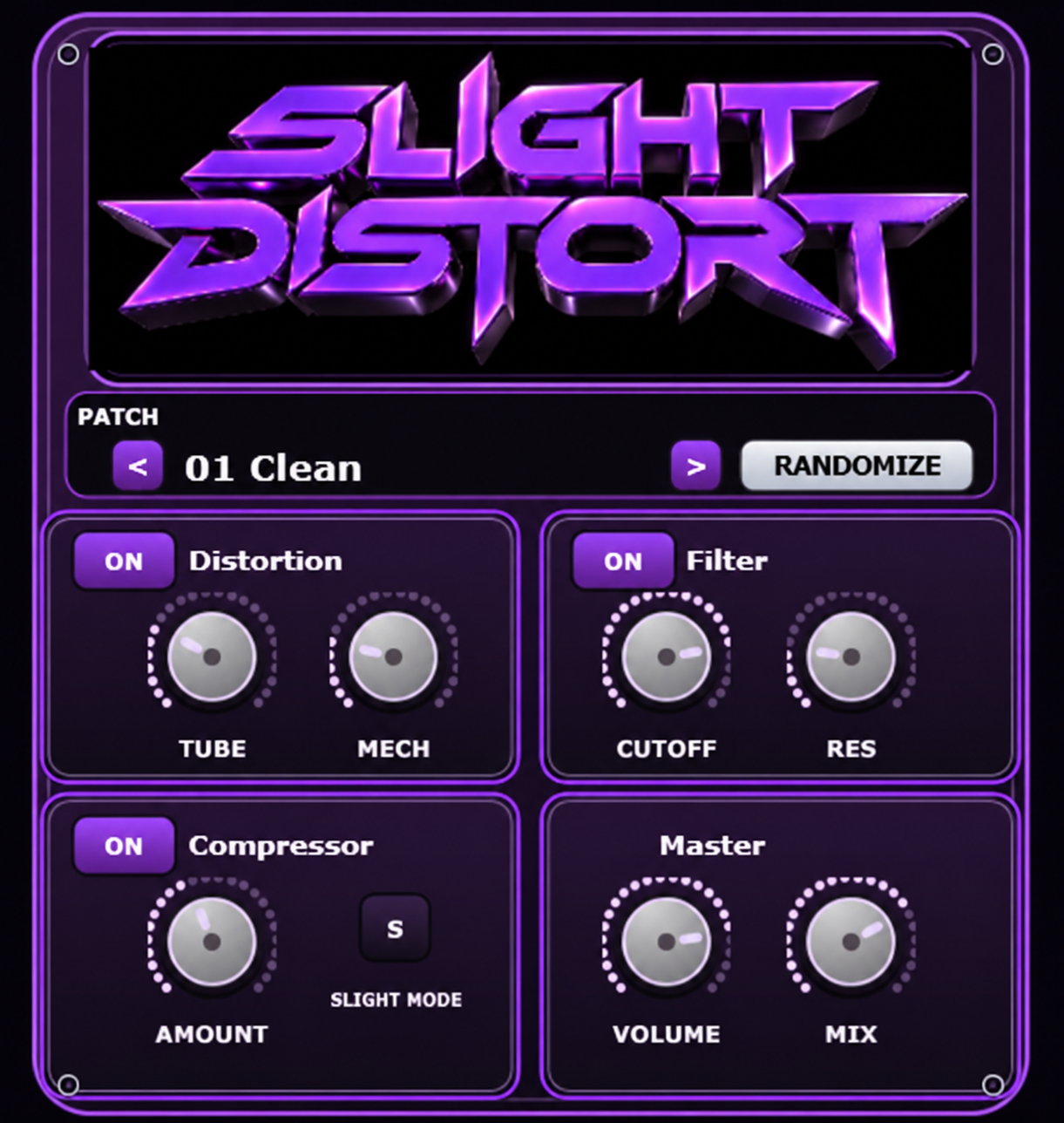 Slight Distort audio plugin interface with distortion, filter, compressor, and master controls