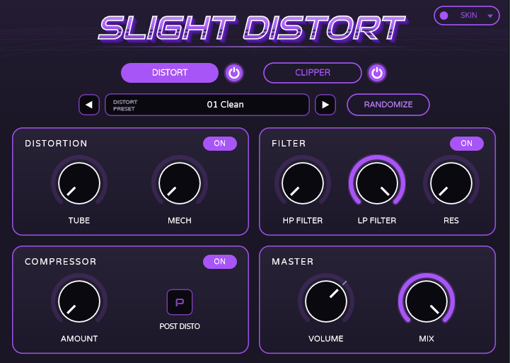 Slight Distort Suite interface with distortion, filter, compressor and master controls